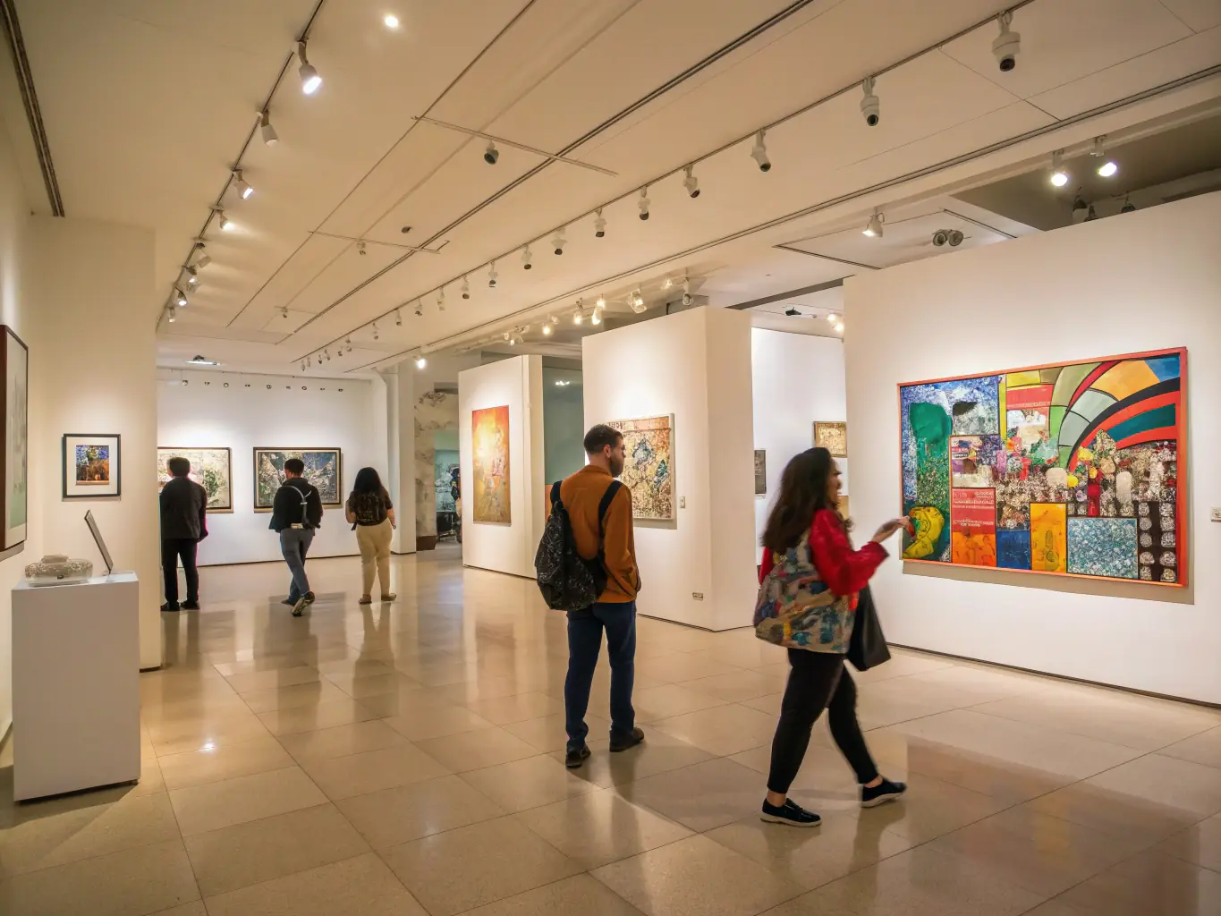 A brightly lit art gallery featuring a diverse collection of paintings, sculptures, and mixed media pieces, with visitors of all ages appreciating the artwork.