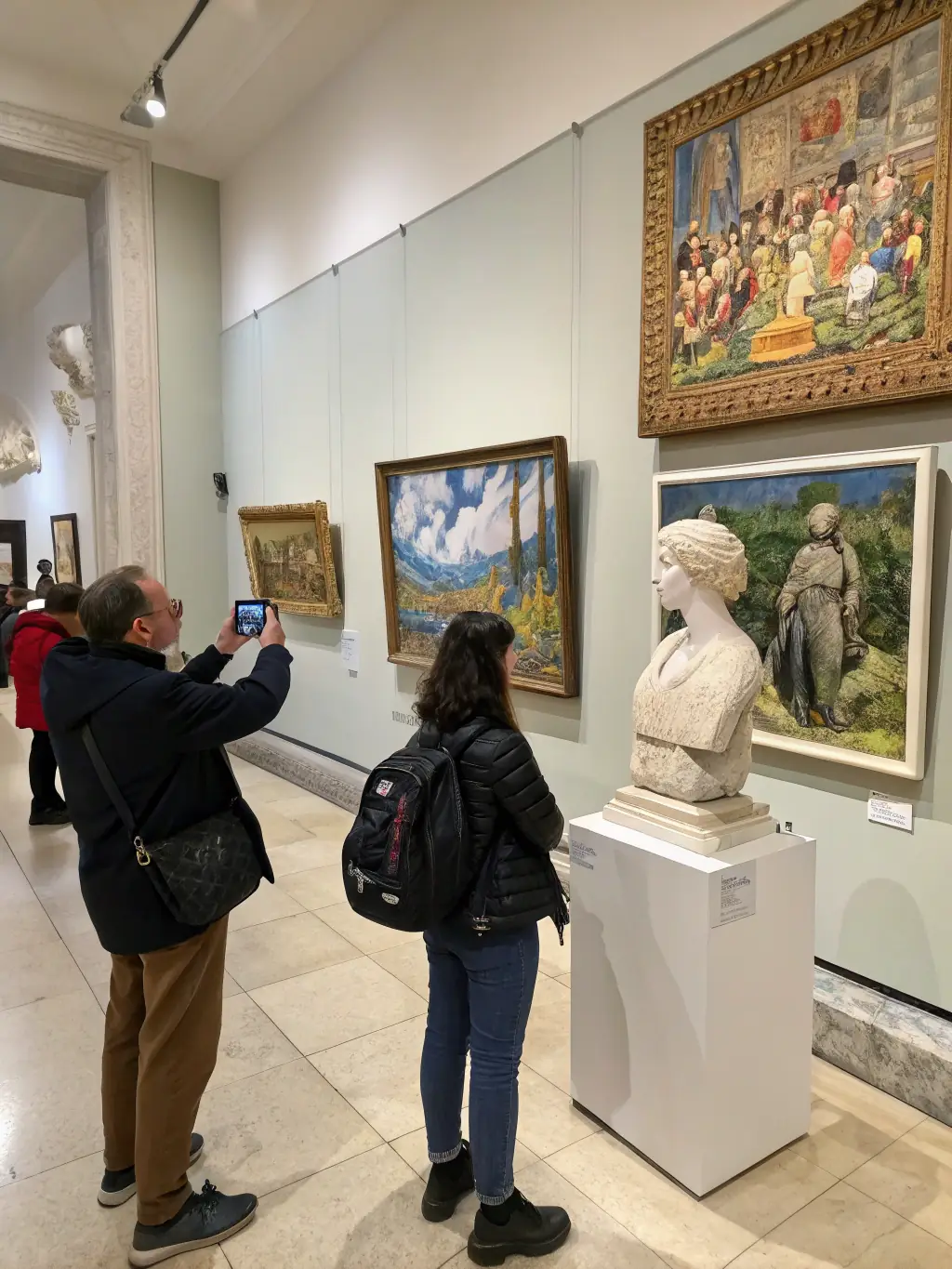 A vibrant image of a visual arts exhibition organized by LE GRATIN, showcasing diverse artworks and attendees engaging with the art.
