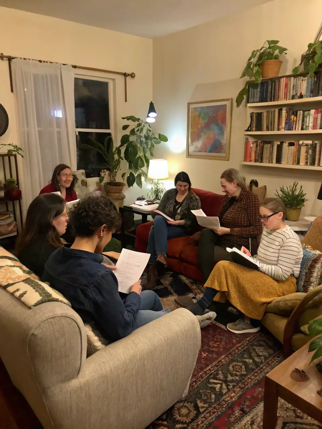 A dynamic image of a literature workshop in progress, with participants actively engaged in writing and discussion.
