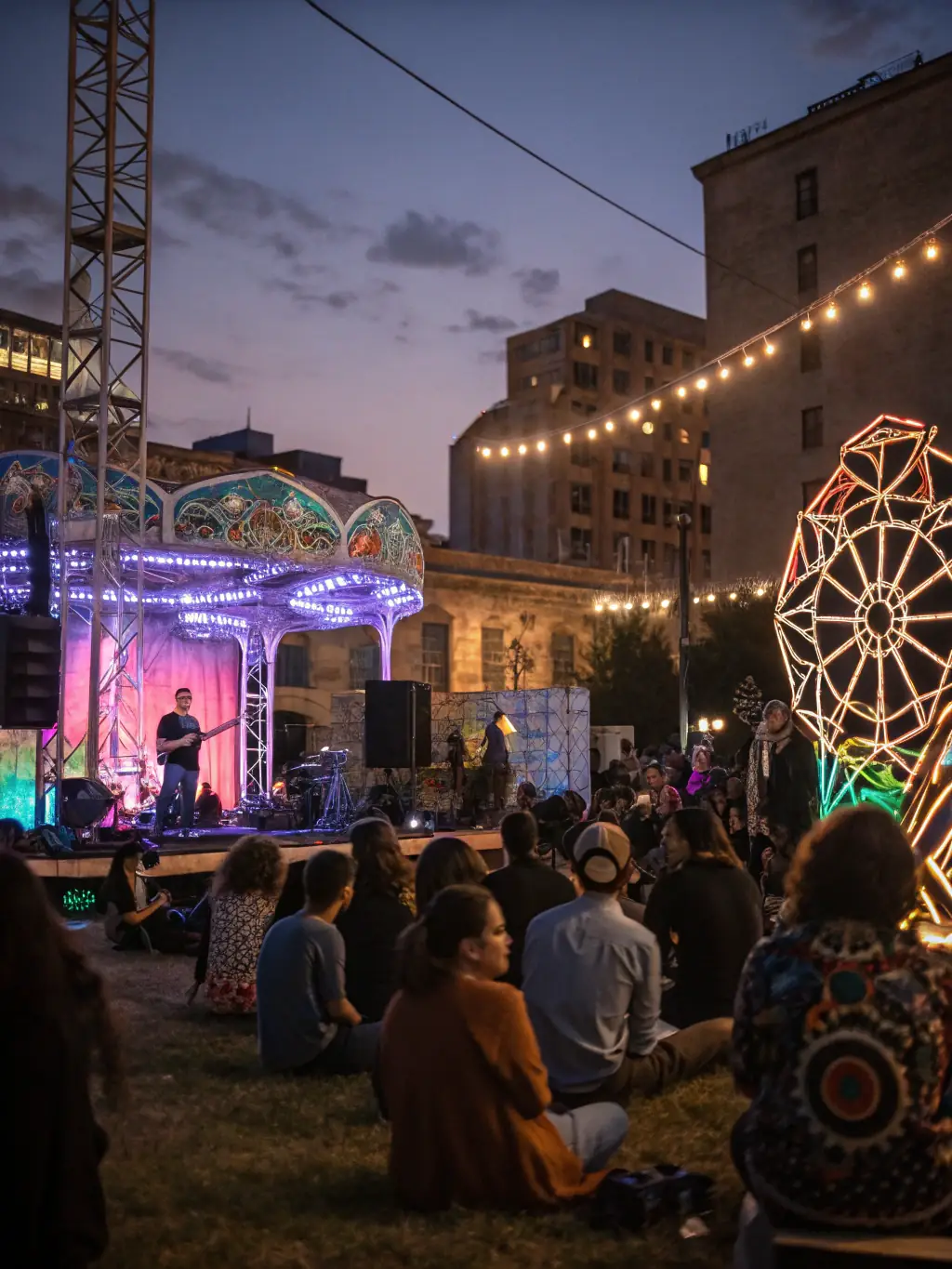 A vibrant photograph capturing the energy of LE GRATIN's annual arts festival, showcasing diverse performances and installations.