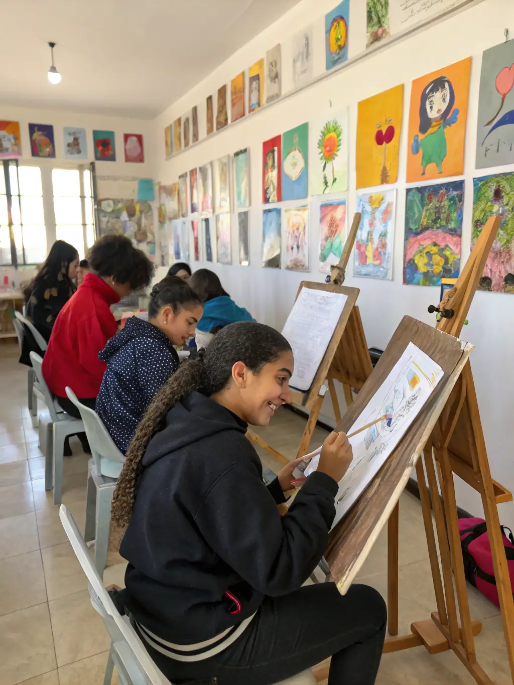 A vibrant photograph capturing a group of children enthusiastically participating in a painting workshop, with colorful artworks displayed in the background, reflecting LE GRATIN's commitment to nurturing young talent.