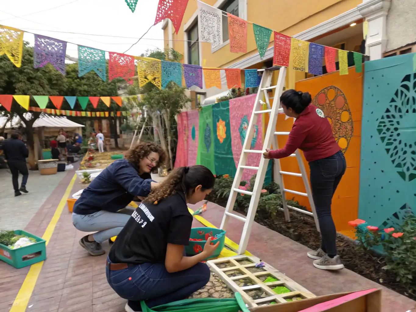 A diverse group of volunteers are enthusiastically setting up an outdoor art exhibition in a vibrant public square, showcasing community involvement and the spirit of giving back to the arts.