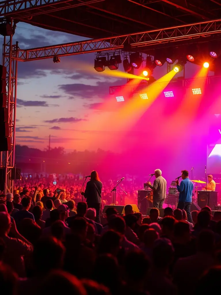A lively image of a music festival organized by LE GRATIN, featuring musicians performing and an enthusiastic audience enjoying the show.