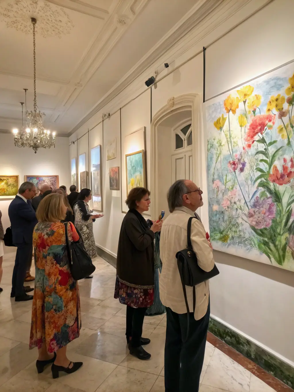 A captivating shot of an art exhibition opening night, featuring artists and attendees engaging with the displayed artworks.