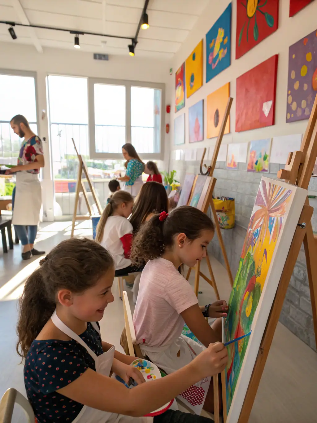 A vibrant photograph capturing a LE GRATIN visual arts workshop in progress, with participants actively engaged in painting and drawing, showcasing the organization's commitment to fostering creativity.