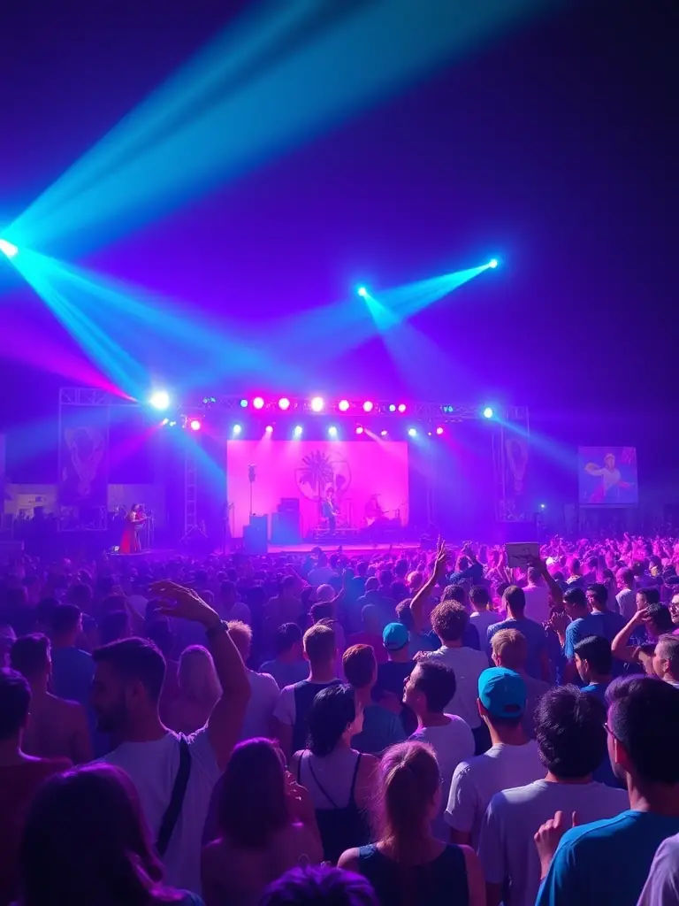 A dynamic image showcasing a live music performance at a LE GRATIN-organized festival, with diverse musicians on stage and an engaged audience, emphasizing the organization's support for performing arts.