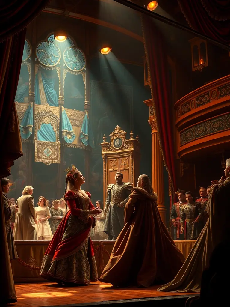 A captivating shot of a LE GRATIN theater production, showing actors in costume on stage during a performance, emphasizing the organization's dedication to supporting the performing arts.