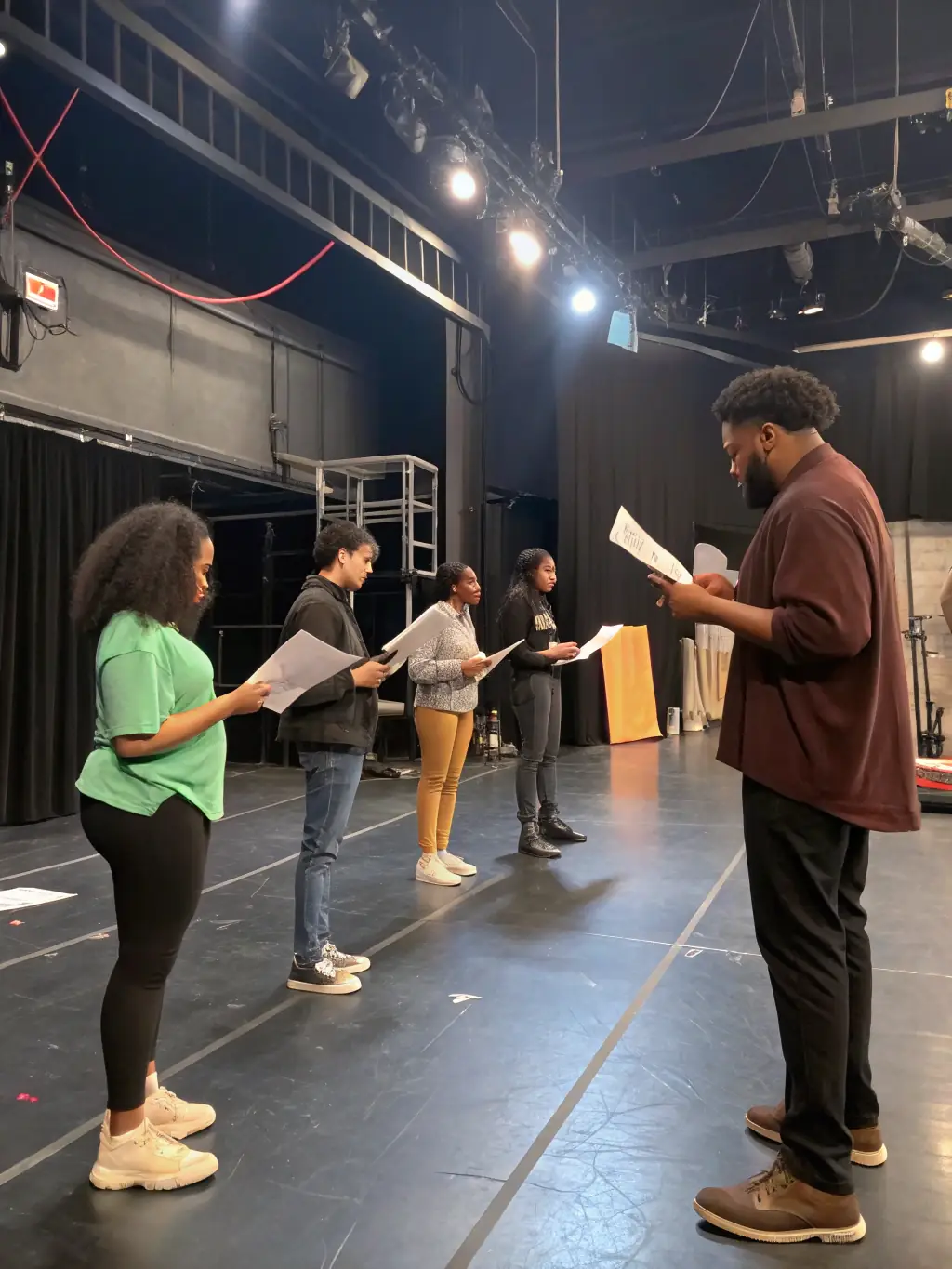 A heartwarming photograph of a community theater group rehearsing a play, with diverse actors and a supportive atmosphere, reflecting LE GRATIN's dedication to theater and performing arts.