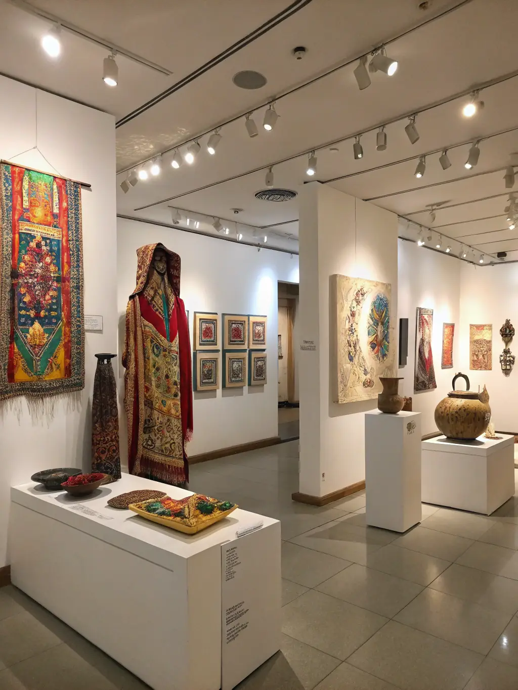 A captivating shot of an art exhibition featuring a variety of visual artworks, including paintings, sculptures, and mixed media pieces, highlighting LE GRATIN's role in promoting visual arts.