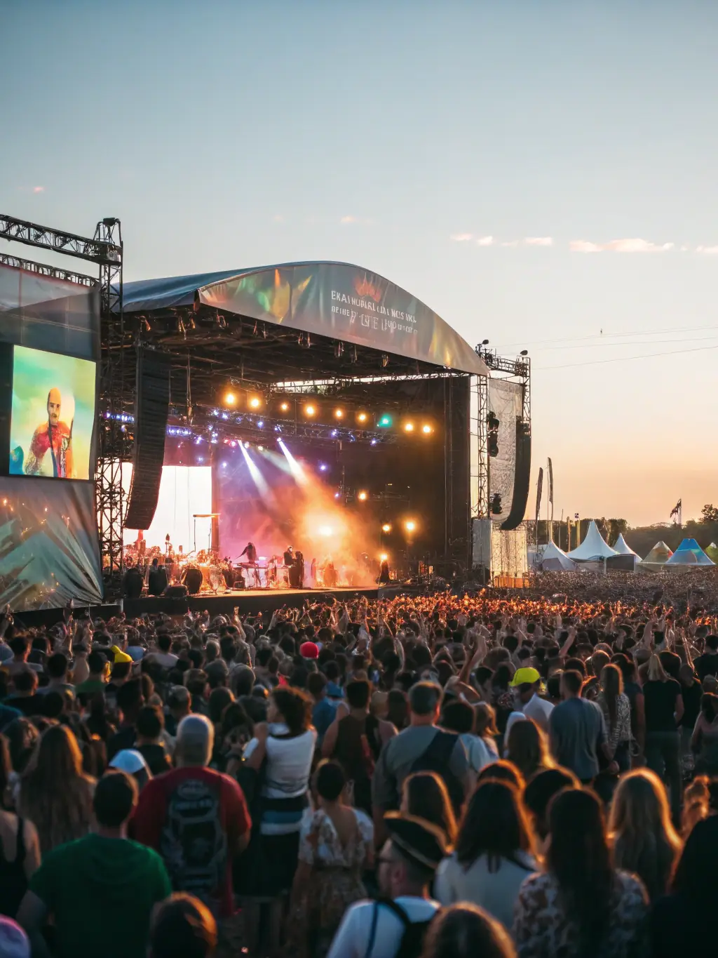 A dynamic image of a LE GRATIN-organized music festival, featuring musicians performing on stage and an enthusiastic audience, highlighting the organization's support for musical talent.