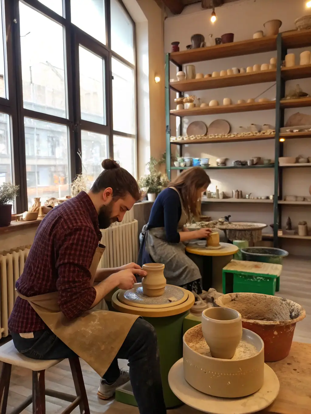 A dynamic image of a pottery workshop in progress, with participants of all ages crafting unique pieces under the guidance of an instructor.